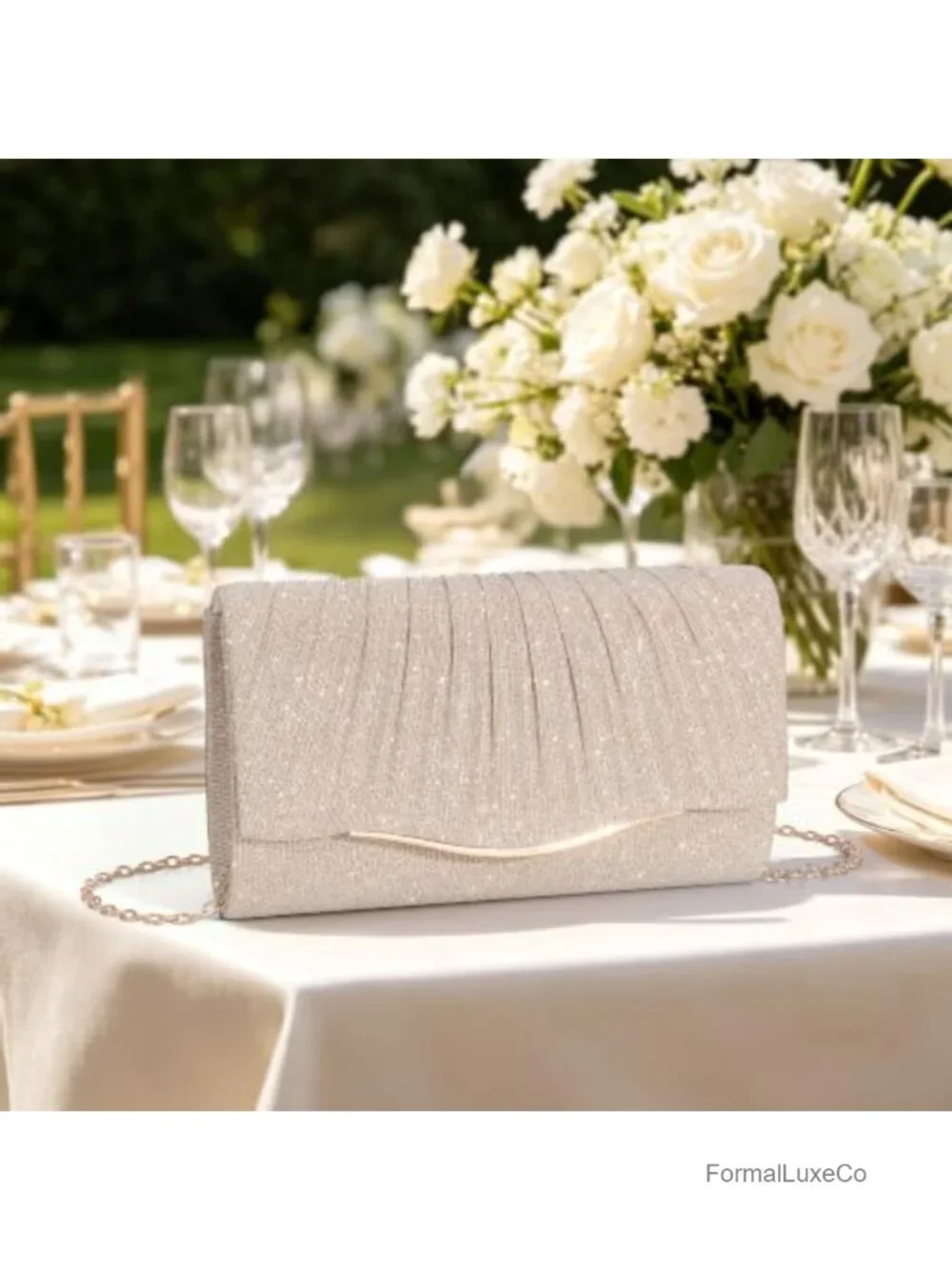 Satin Evening Clutch with Rhinestone Accents Detachable Chain Handbag